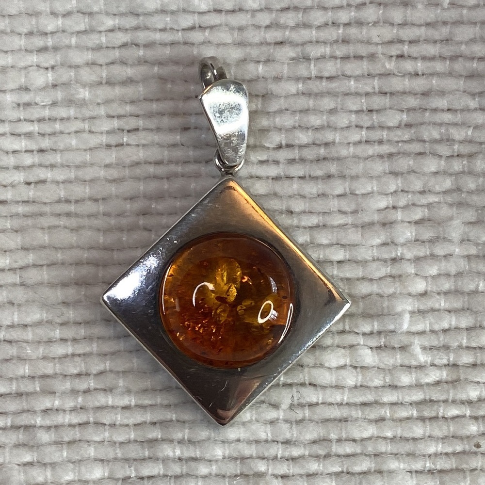 Genuine Baltic Cognac Amber Pendant in Solid Sterling Silver Setting